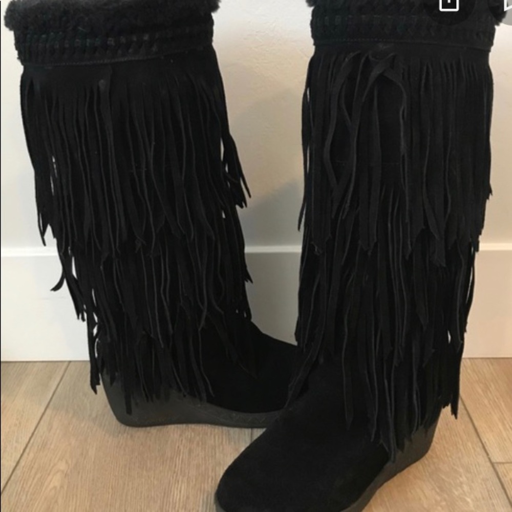 Bear paw suede and fringe wedge boots